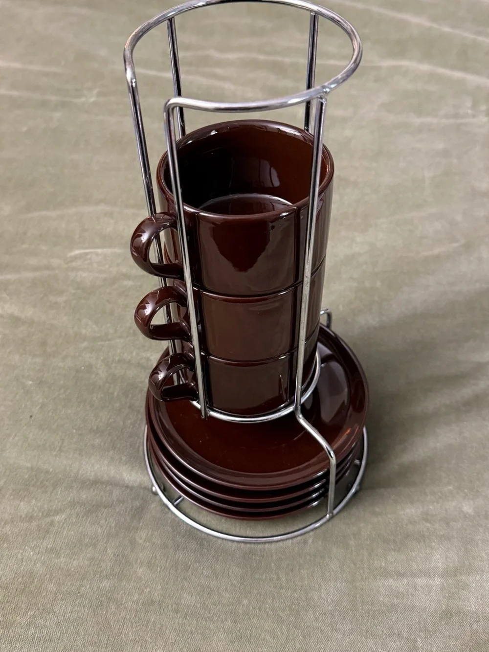 Pier 1 Brown Ceramic Stackable Espresso Mug and Saucer Set with Chrome Rack #OSK